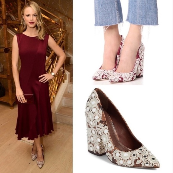 TORY BURCH Francesca Embroidered Pump Tuscan Wine Ivory Heels with Mirrors - Picture 1 of 16